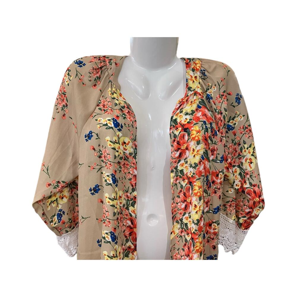 Relipop Women's Tan Floral Print Open-Front Duster/Kimono/Wrap/Coverup | Size M - Picture 4 of 12
